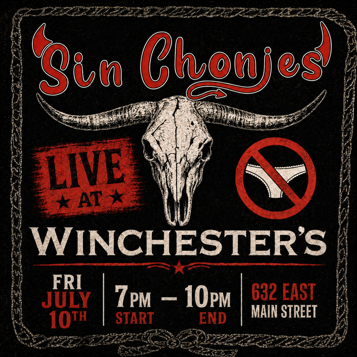Sin Chonies live at Winchester's on Friday, July 10, 2026 from 7 PM to 10 PM